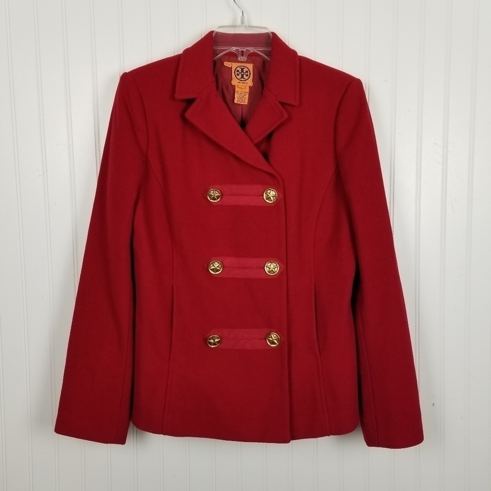 Tory Burch Callum Military Double Breasted Pea Coat Wool Blend Gold Star Red 10 - Picture 8 of 8